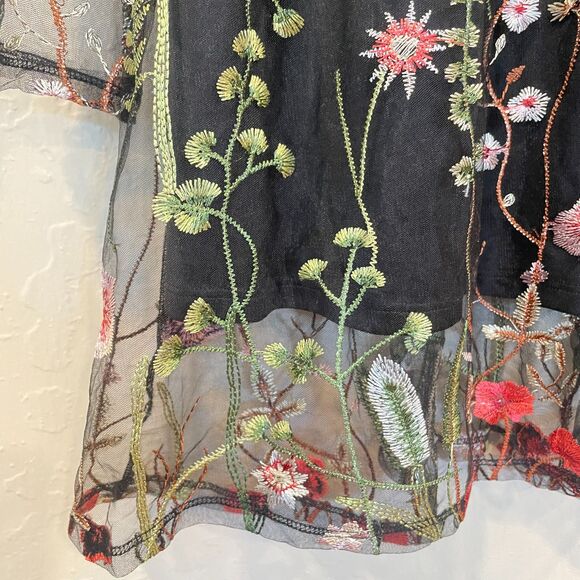 ~ Lg Floral Boho Sheer Dress Botanical Black Flowers Long Sleeve Bohemian Knee - Picture 4 of 14